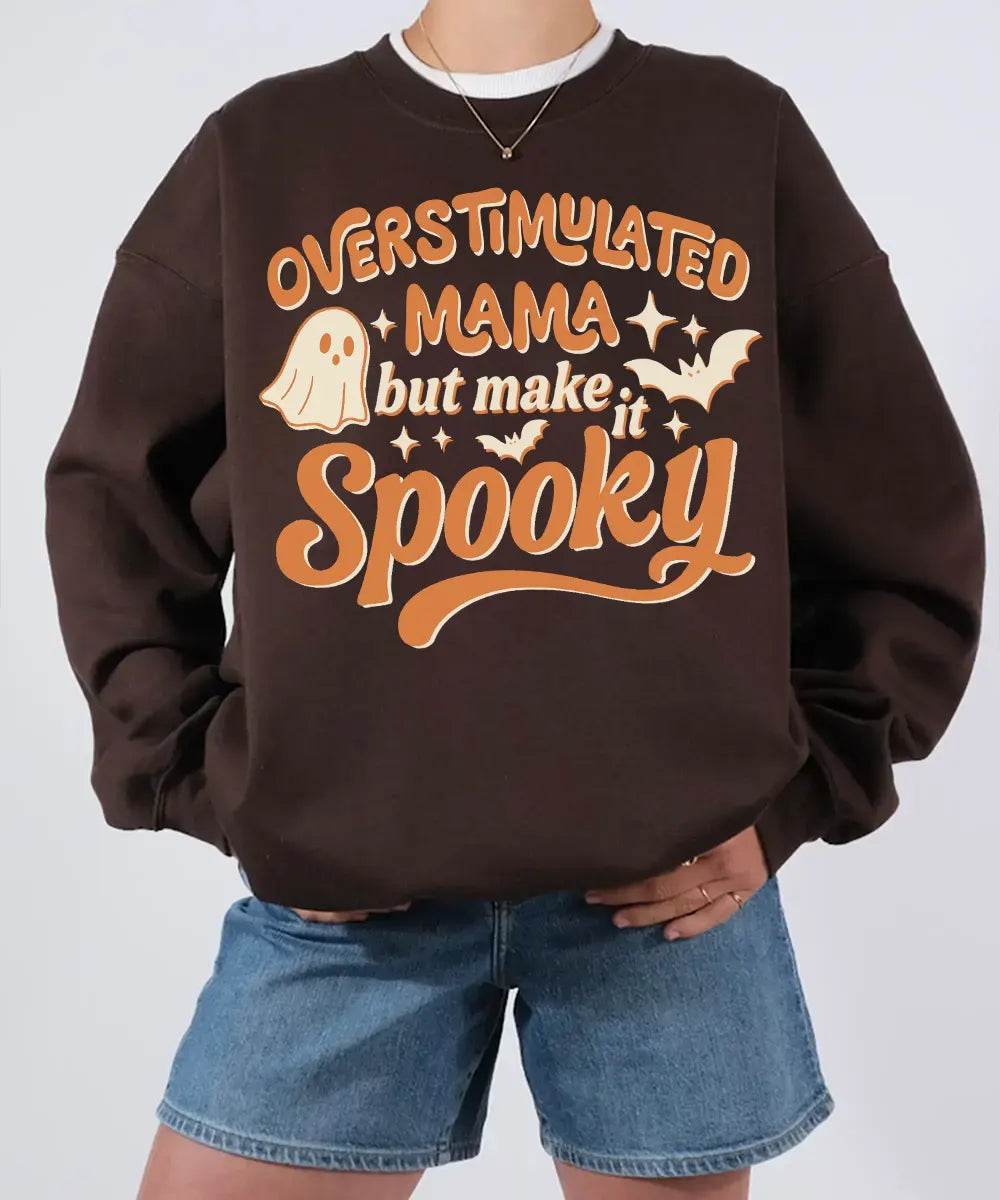 Overstimulated Mama But Make It Spooky Comfort Colors T-Shirt or Crewneck Sweatshirt – Halloween Mom Shirt - Woven Mama