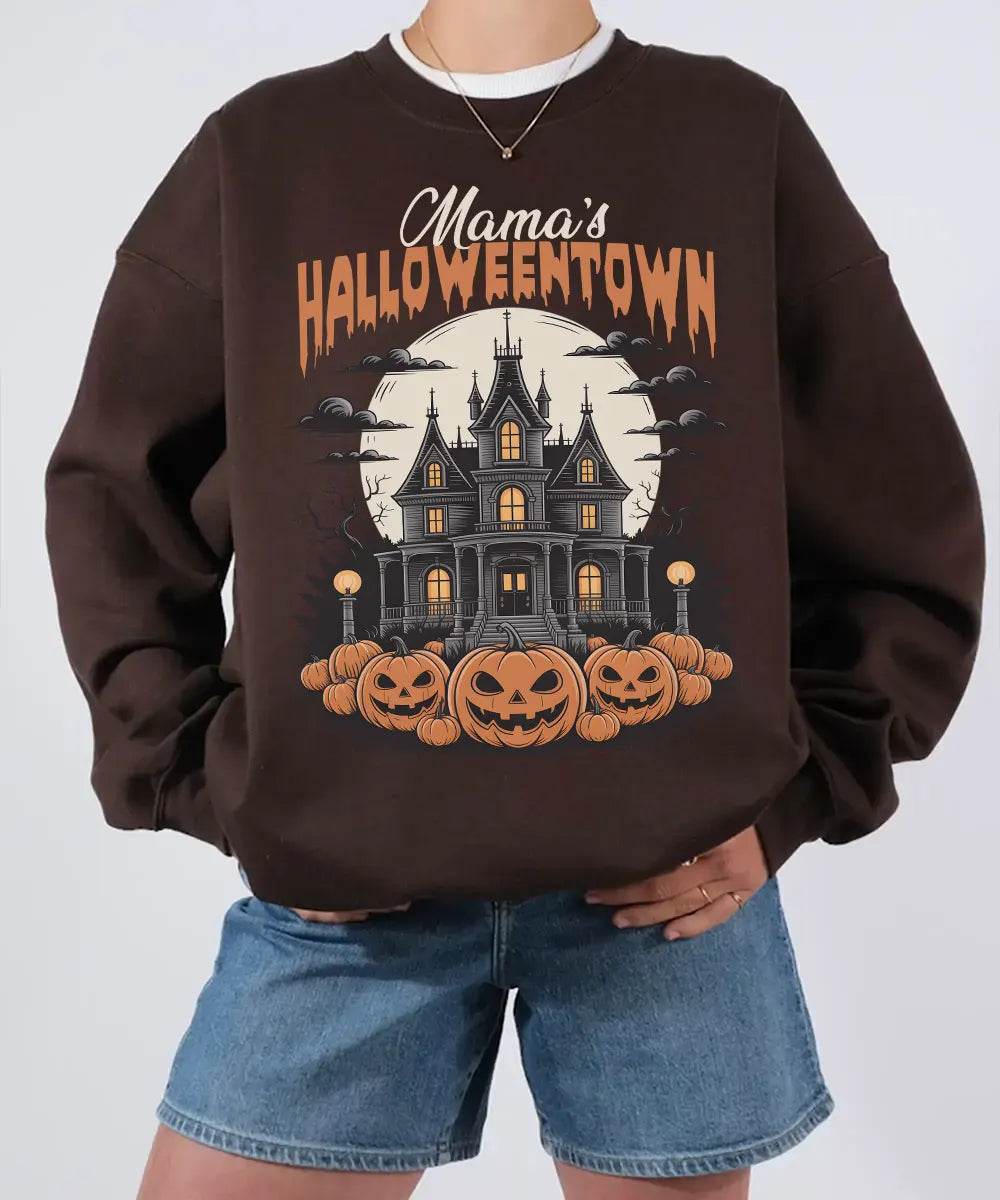 Mama’s Halloweentown Comfort Colors T-Shirt or Crewneck Sweatshirt – Haunted House Pumpkin Halloween Mom Shirt - Woven Mama