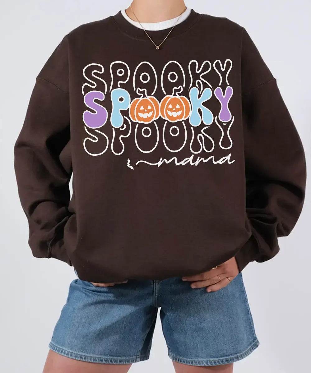 Spooky Mama Comfort Colors T-Shirt or Crewneck Sweatshirt – Colorful Halloween Pumpkin Mom Shirt - Woven Mama