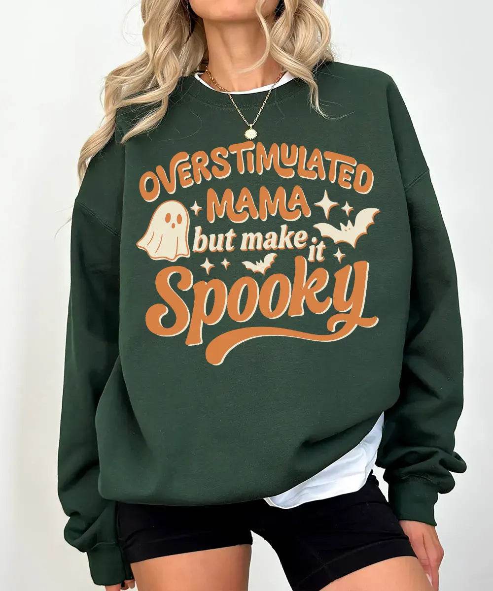 Overstimulated Mama But Make It Spooky Comfort Colors T-Shirt or Crewneck Sweatshirt – Halloween Mom Shirt - Woven Mama