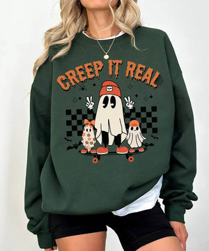Retro Creep It Real Halloween Comfort Colors T-Shirt or Crewneck Sweatshirt – Cute Ghost Skateboard Shirt - Woven Mama