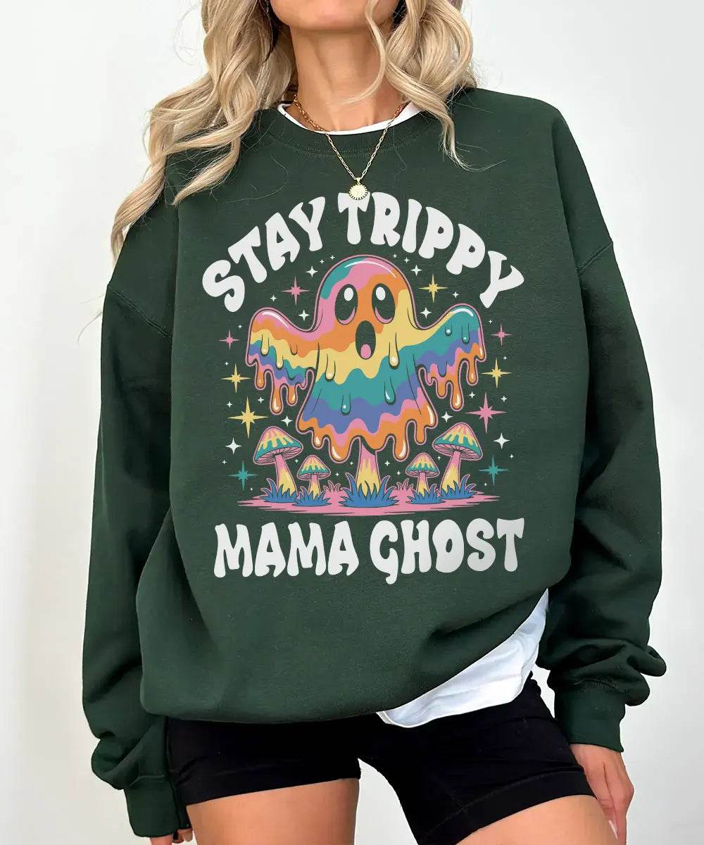Stay Trippy Mama Ghost Comfort Colors T-Shirt or Crewneck Sweatshirt – Psychedelic Halloween Mom Shirt - Woven Mama