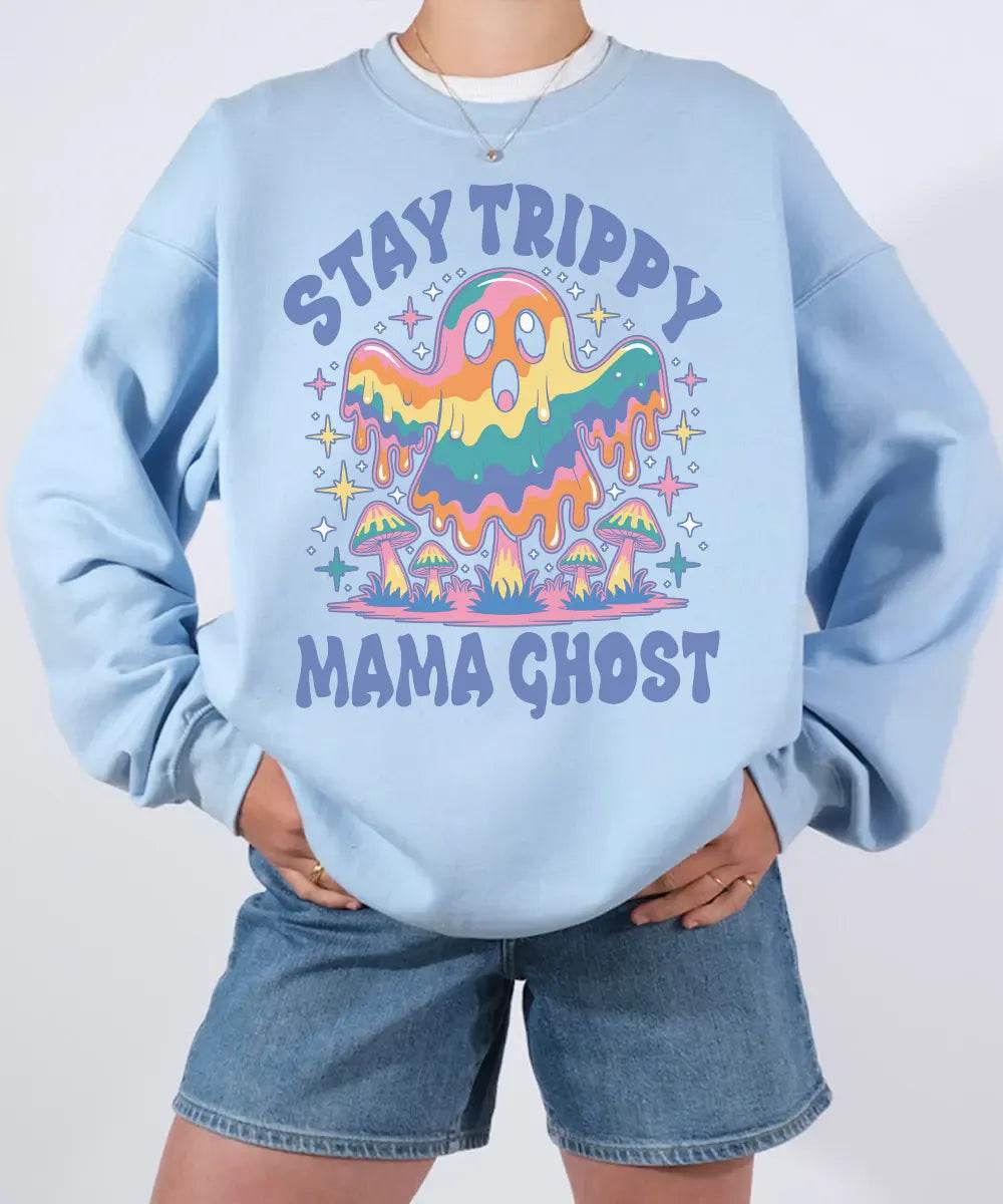 Stay Trippy Mama Ghost Comfort Colors T-Shirt or Crewneck Sweatshirt – Psychedelic Halloween Mom Shirt - Woven Mama