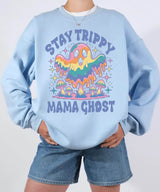 Stay Trippy Mama Ghost Comfort Colors T-Shirt or Crewneck Sweatshirt – Psychedelic Halloween Mom Shirt - Woven Mama