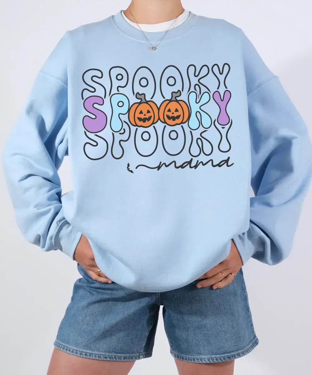 Spooky Mama Comfort Colors T-Shirt or Crewneck Sweatshirt – Colorful Halloween Pumpkin Mom Shirt - Woven Mama