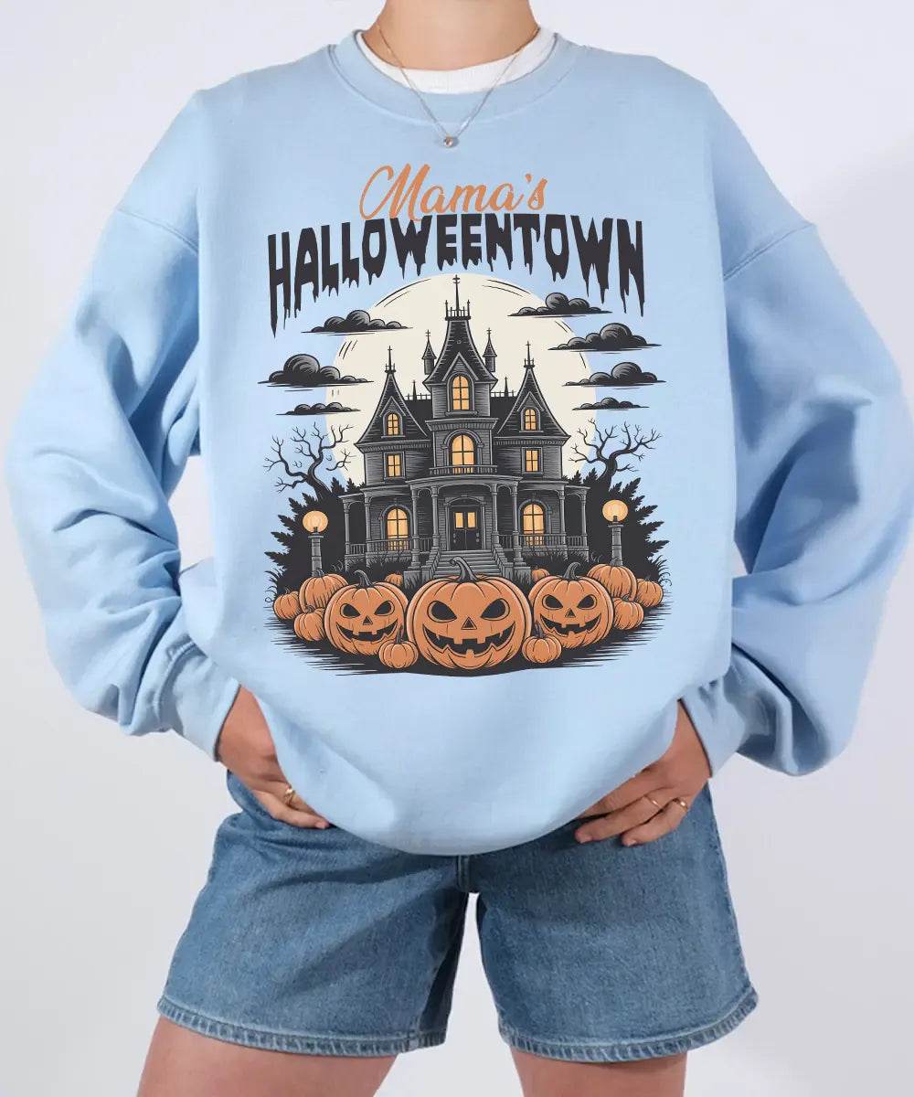 Mama’s Halloweentown Comfort Colors T-Shirt or Crewneck Sweatshirt – Haunted House Pumpkin Halloween Mom Shirt - Woven Mama