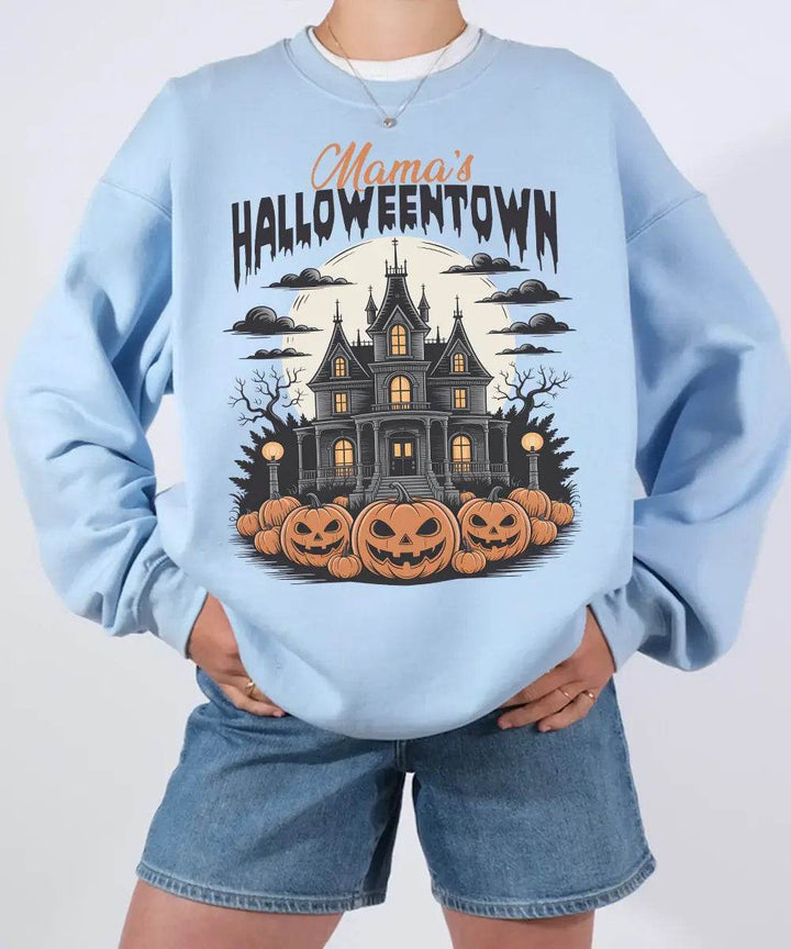 Mama’s Halloweentown Comfort Colors T-Shirt or Crewneck Sweatshirt – Haunted House Pumpkin Halloween Mom Shirt - Woven Mama