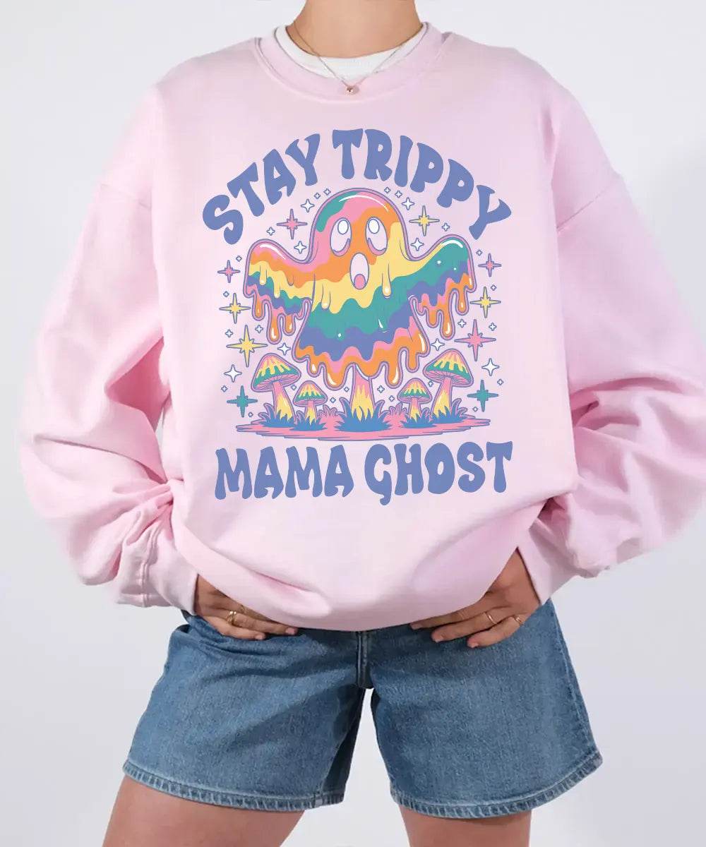 Stay Trippy Mama Ghost Comfort Colors T-Shirt or Crewneck Sweatshirt – Psychedelic Halloween Mom Shirt - Woven Mama