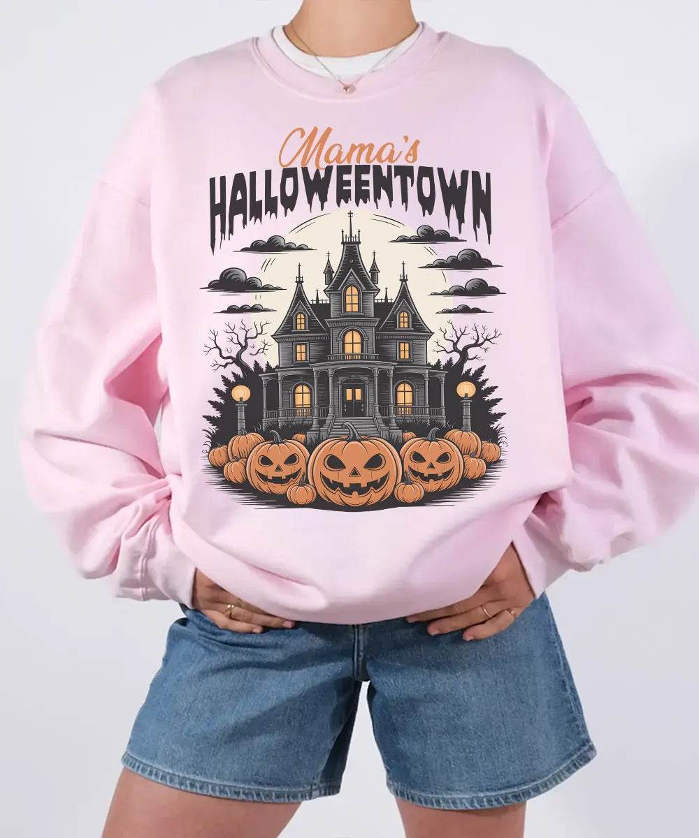 Mama’s Halloweentown Comfort Colors T-Shirt or Crewneck Sweatshirt – Haunted House Pumpkin Halloween Mom Shirt - Woven Mama