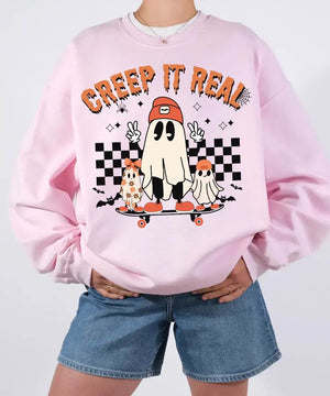 Retro Creep It Real Halloween Comfort Colors T-Shirt or Crewneck Sweatshirt – Cute Ghost Skateboard Shirt - Woven Mama