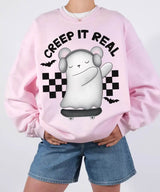 Creep It Real Halloween Comfort Colors T-Shirt or Crewneck Sweatshirt – Cute Ghost Skateboard Tee - Woven Mama