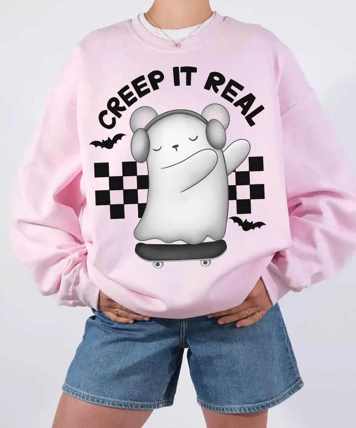 Creep It Real Halloween Comfort Colors T-Shirt or Crewneck Sweatshirt – Cute Ghost Skateboard Tee - Woven Mama