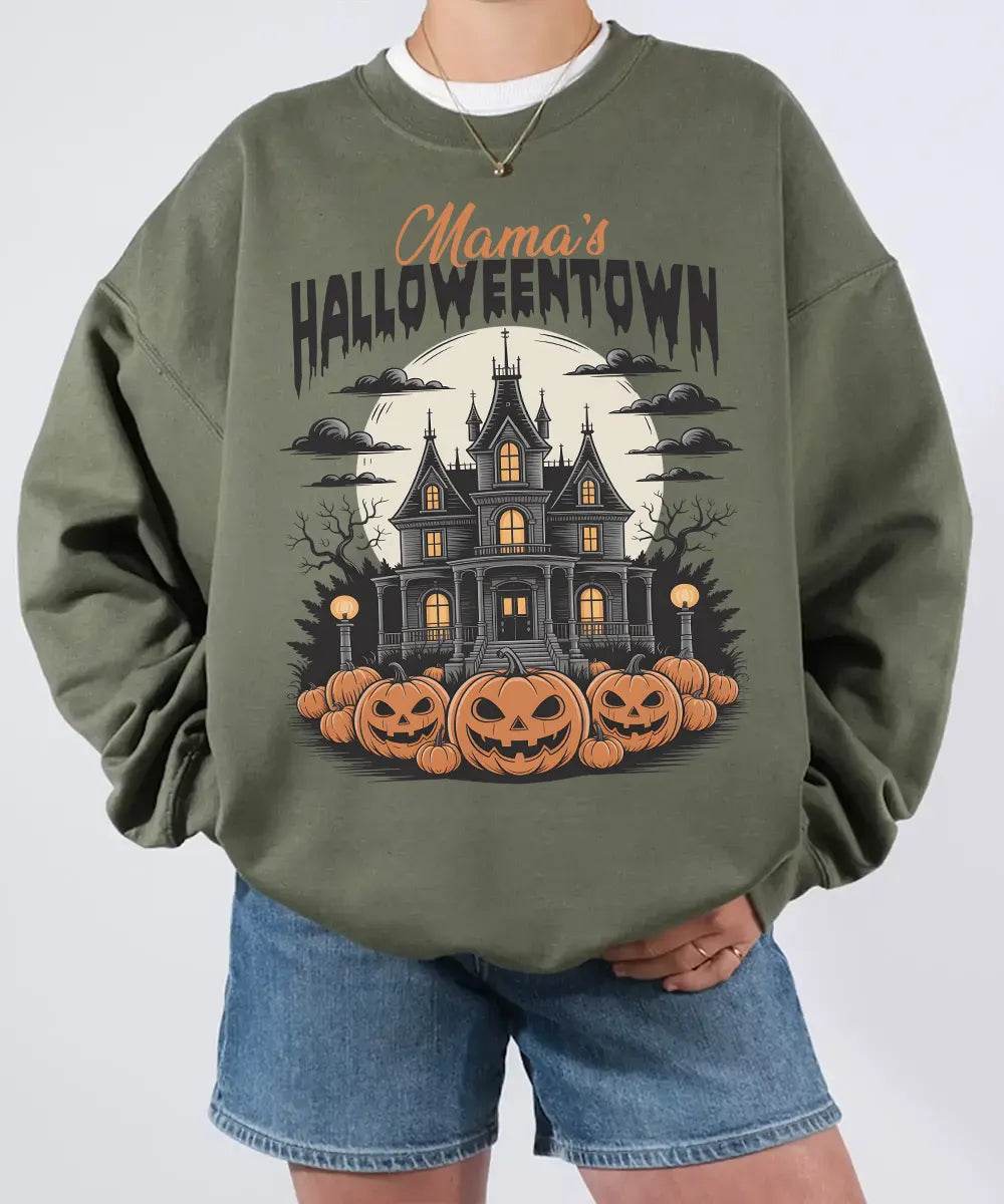 Mama’s Halloweentown Comfort Colors T-Shirt or Crewneck Sweatshirt – Haunted House Pumpkin Halloween Mom Shirt - Woven Mama