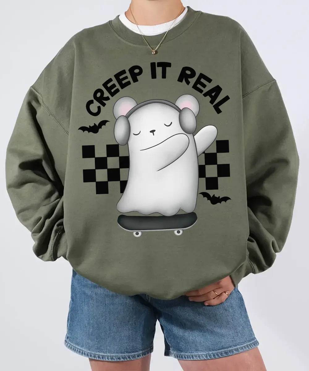 Creep It Real Halloween Comfort Colors T-Shirt or Crewneck Sweatshirt – Cute Ghost Skateboard Tee - Woven Mama