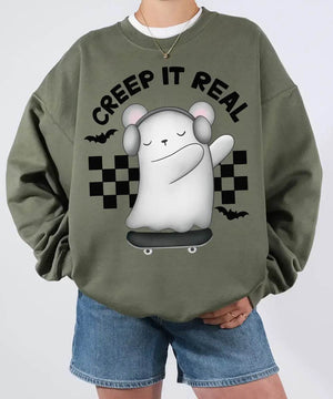 Creep It Real Halloween Comfort Colors T-Shirt or Crewneck Sweatshirt – Cute Ghost Skateboard Tee - Woven Mama