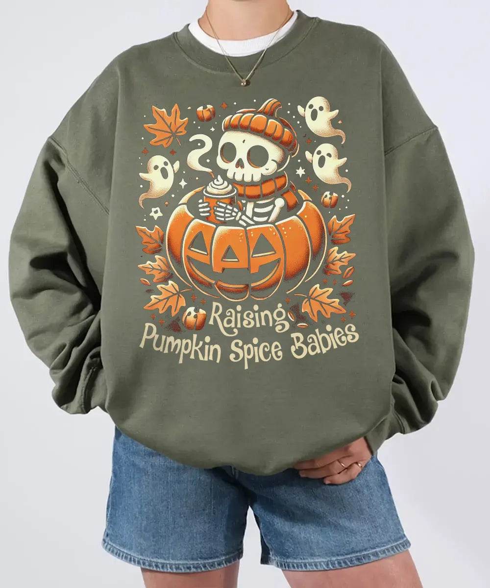 Raising Pumpkin Spice Babies Halloween Comfort Colors T-Shirt or Crewneck Sweatshirt - Woven Mama