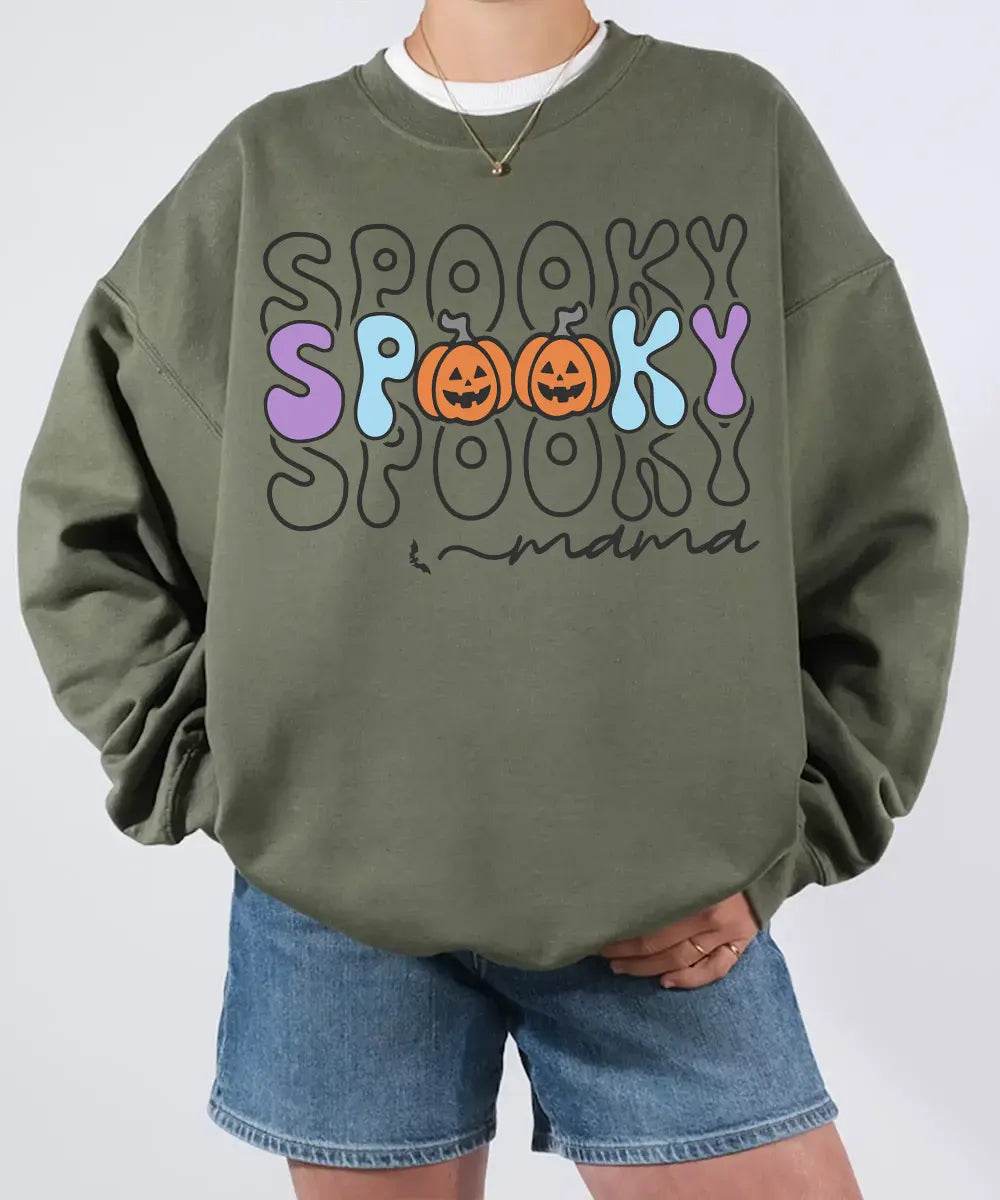Spooky Mama Comfort Colors T-Shirt or Crewneck Sweatshirt – Colorful Halloween Pumpkin Mom Shirt - Woven Mama