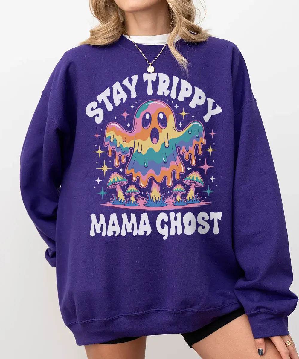 Stay Trippy Mama Ghost Comfort Colors T-Shirt or Crewneck Sweatshirt – Psychedelic Halloween Mom Shirt - Woven Mama