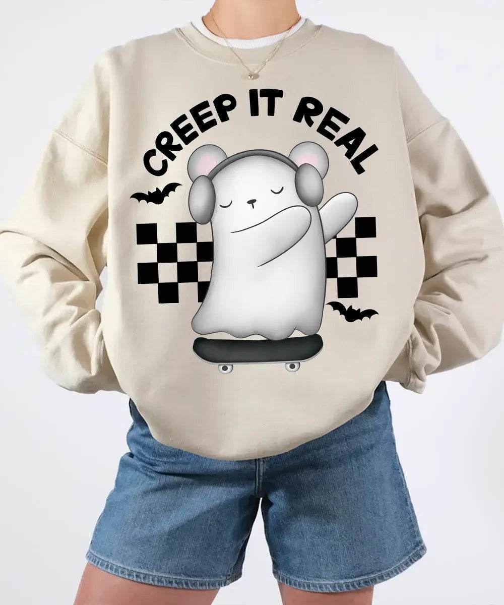 Creep It Real Halloween Comfort Colors T-Shirt or Crewneck Sweatshirt – Cute Ghost Skateboard Tee - Woven Mama