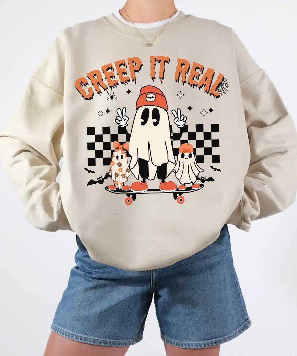 Retro Creep It Real Halloween Comfort Colors T-Shirt or Crewneck Sweatshirt – Cute Ghost Skateboard Shirt - Woven Mama