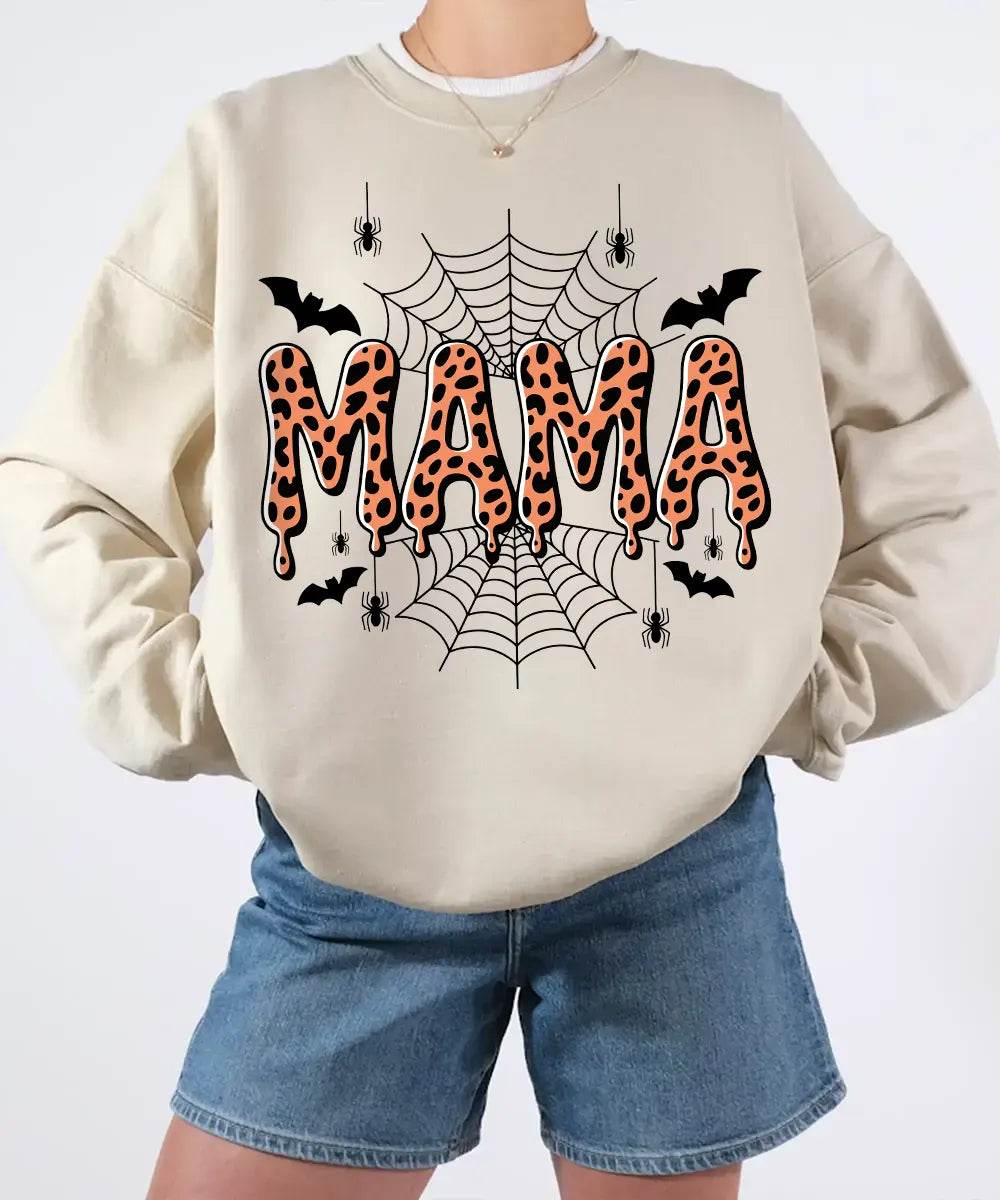 Spooky Mama Comfort Colors T-Shirt or Crewneck Sweatshirt – Leopard Print Halloween Mom Shirt - Woven Mama