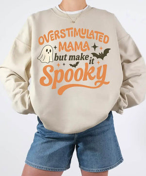 Overstimulated Mama But Make It Spooky Comfort Colors T-Shirt or Crewneck Sweatshirt – Halloween Mom Shirt - Woven Mama