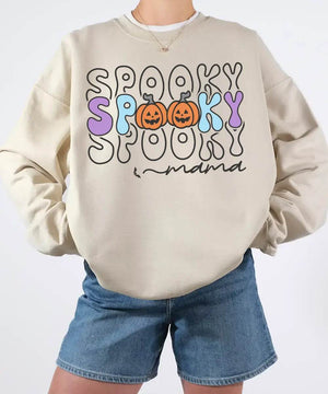 Spooky Mama Comfort Colors T-Shirt or Crewneck Sweatshirt – Colorful Halloween Pumpkin Mom Shirt - Woven Mama