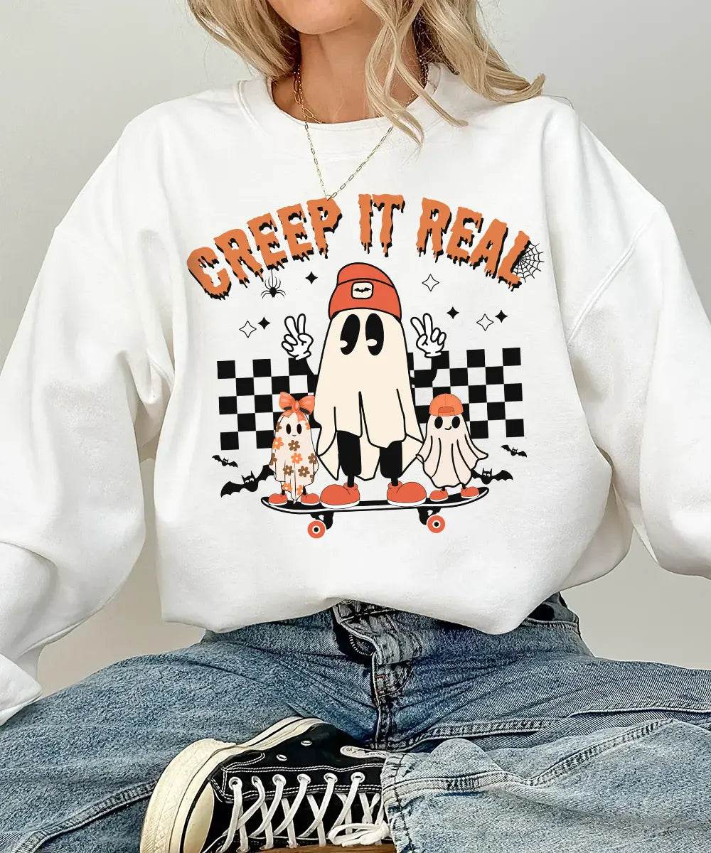 Retro Creep It Real Halloween Comfort Colors T-Shirt or Crewneck Sweatshirt – Cute Ghost Skateboard Shirt - Woven Mama