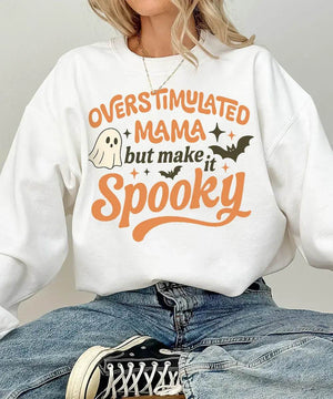 Overstimulated Mama But Make It Spooky Comfort Colors T-Shirt or Crewneck Sweatshirt – Halloween Mom Shirt - Woven Mama