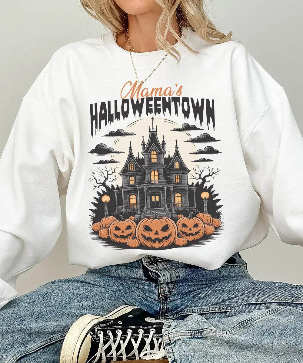 Mama’s Halloweentown Comfort Colors T-Shirt or Crewneck Sweatshirt – Haunted House Pumpkin Halloween Mom Shirt - Woven Mama