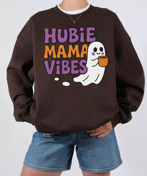 Hubie Mama Vibes Halloween Shirt – Comfort Colors® T-Shirt & Gildan Crewneck Sweatshirt for Moms - Woven Mama
