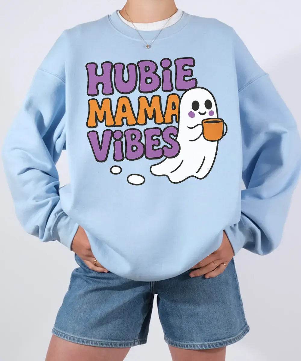 Hubie Mama Vibes Halloween Shirt – Comfort Colors® T-Shirt & Gildan Crewneck Sweatshirt for Moms - Woven Mama