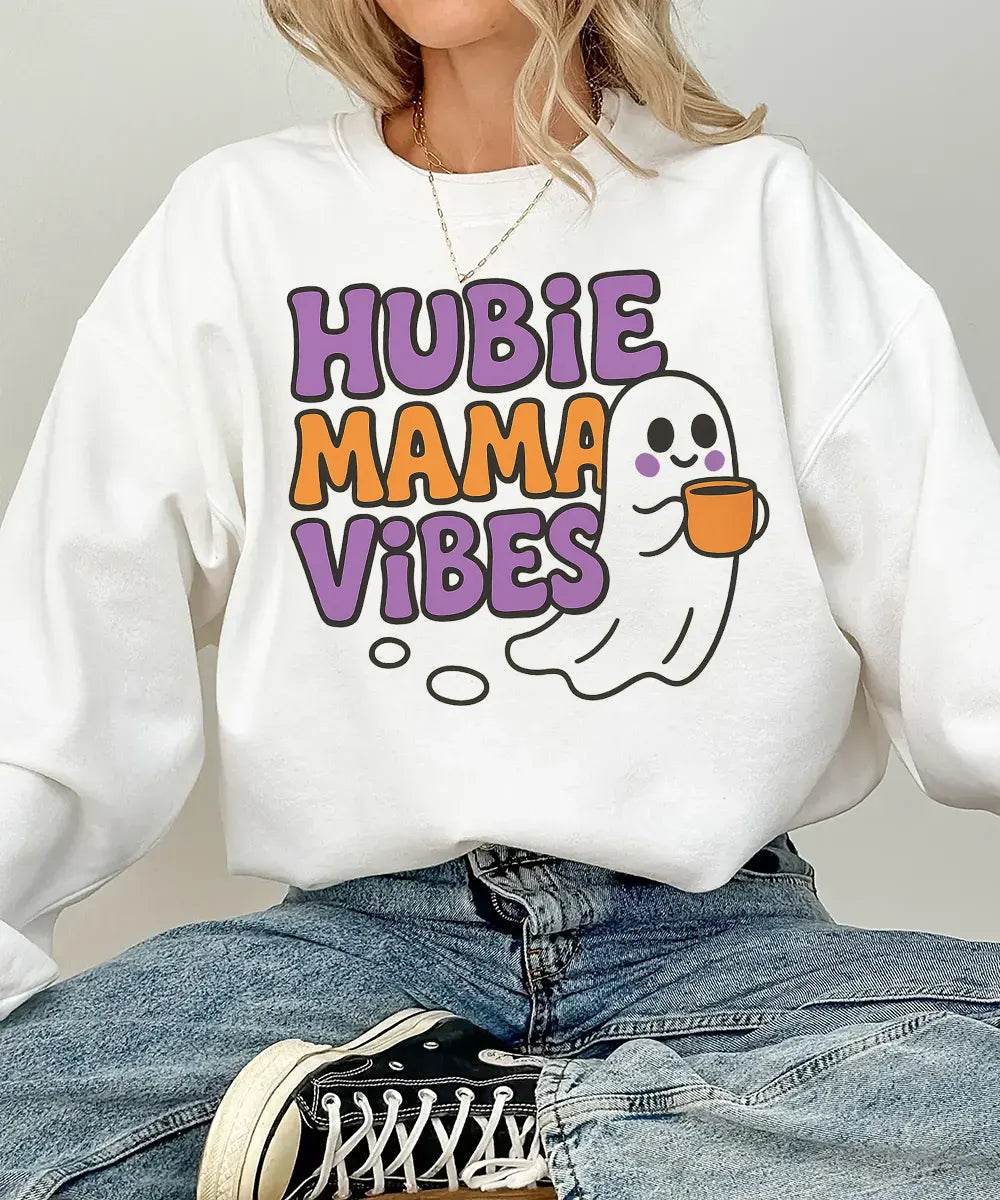 Hubie Mama Vibes Halloween Shirt – Comfort Colors® T-Shirt & Gildan Crewneck Sweatshirt for Moms - Woven Mama