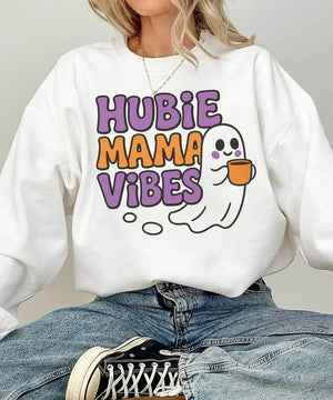 Hubie Mama Vibes Halloween Shirt – Comfort Colors® T-Shirt & Gildan Crewneck Sweatshirt for Moms - Woven Mama