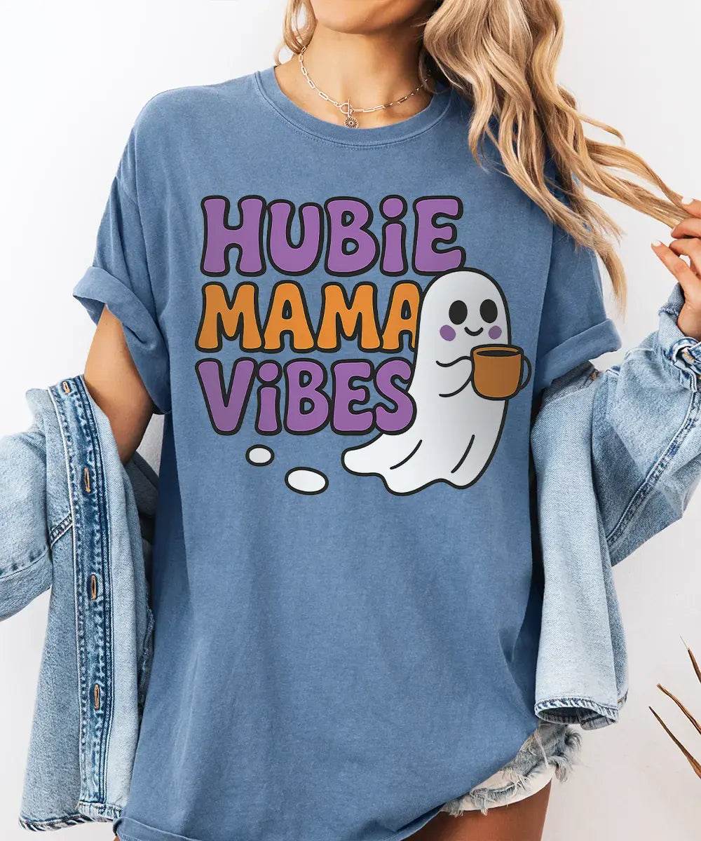 Hubie Mama Vibes Halloween Shirt – Comfort Colors® T-Shirt & Gildan Crewneck Sweatshirt for Moms - Woven Mama