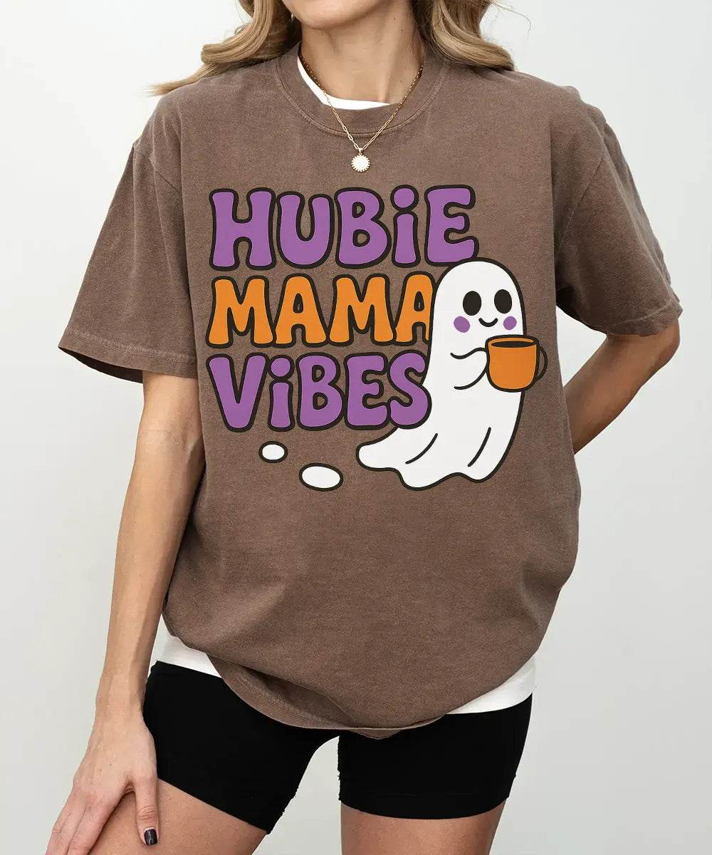 Hubie Mama Vibes Halloween Shirt – Comfort Colors® T-Shirt & Gildan Crewneck Sweatshirt for Moms - Woven Mama