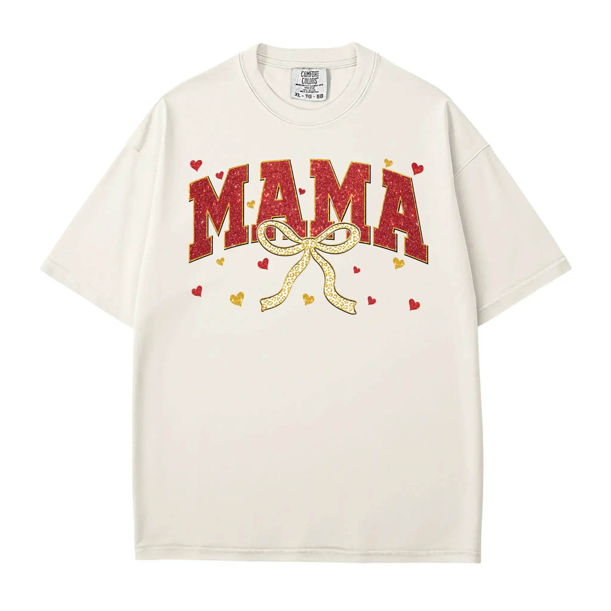 Red Glitter Mama T-Shirt – Gold Bow Comfort Colors Tee - Woven Mama