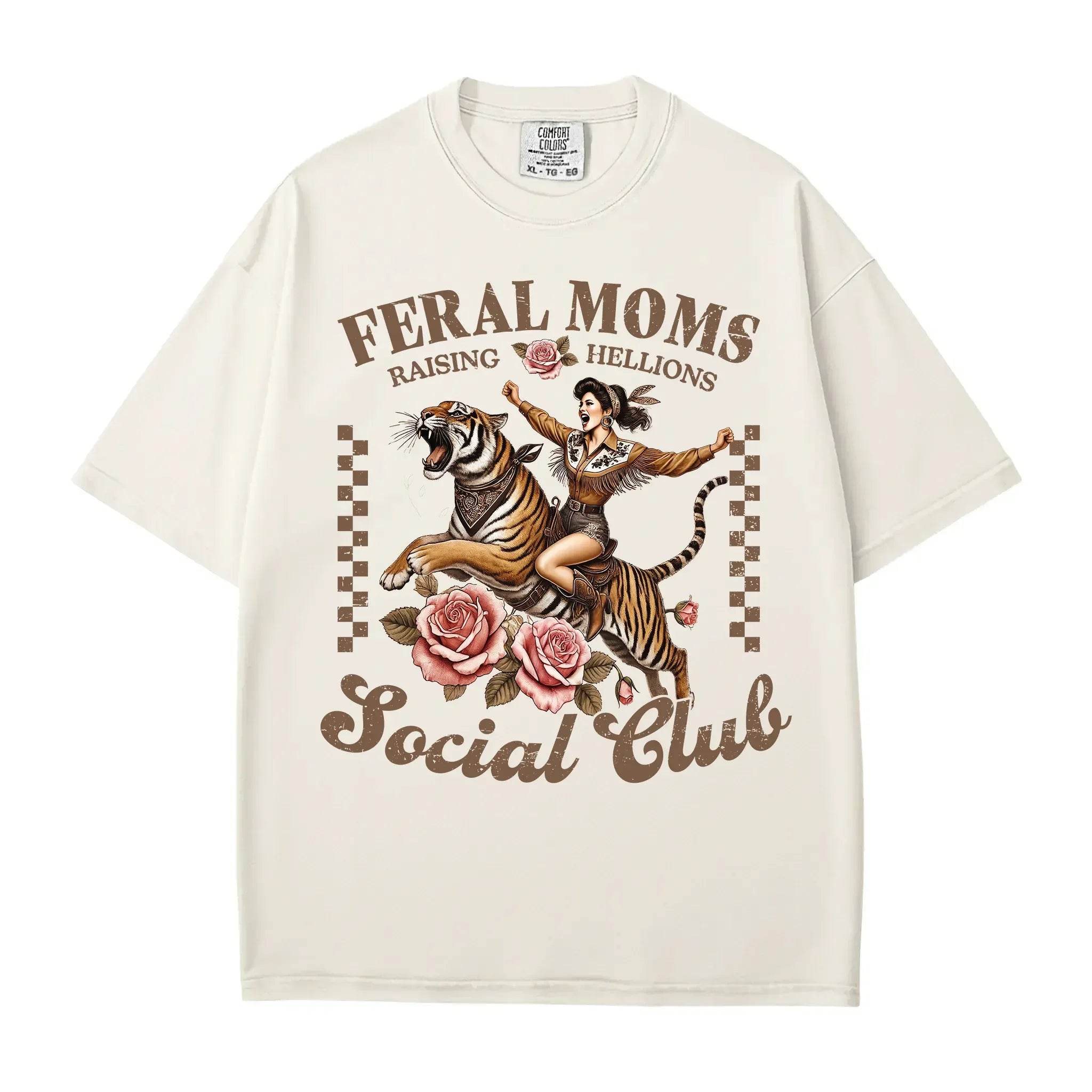 Feral Moms Social Club Shirt – Retro Tiger Comfort Colors Tee for Moms - Woven Mama