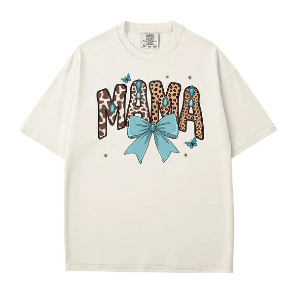MAMA Comfort Colors® T-Shirt – Leopard & Cow Print Letters with Turquoise Bow Mom Shirt - Woven Mama