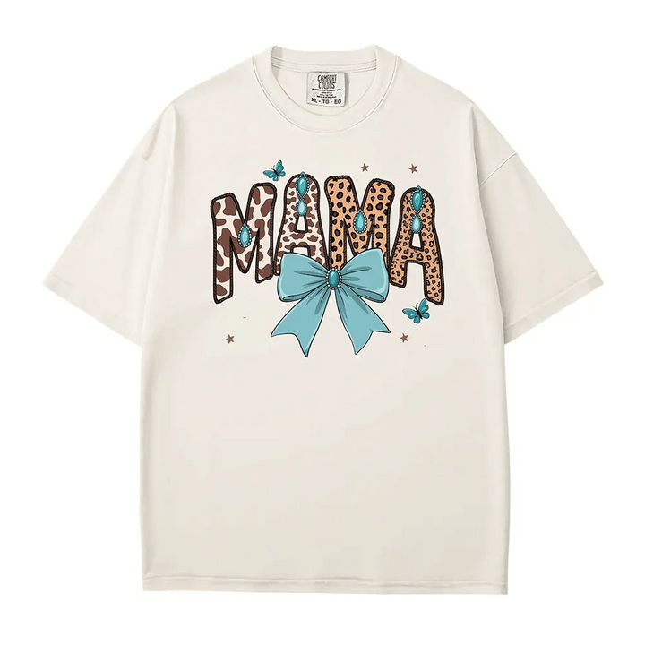 MAMA Comfort Colors® T-Shirt – Leopard & Cow Print Letters with Turquoise Bow Mom Shirt - Woven Mama