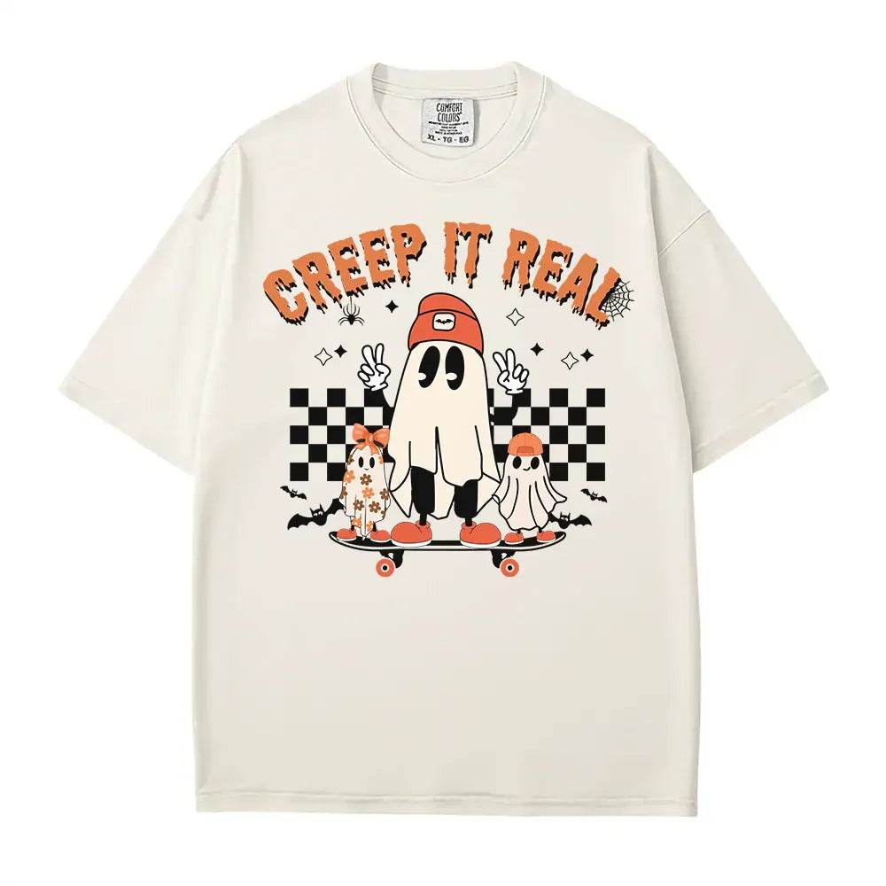 Retro Creep It Real Halloween Comfort Colors T-Shirt or Crewneck Sweatshirt – Cute Ghost Skateboard Shirt - Woven Mama