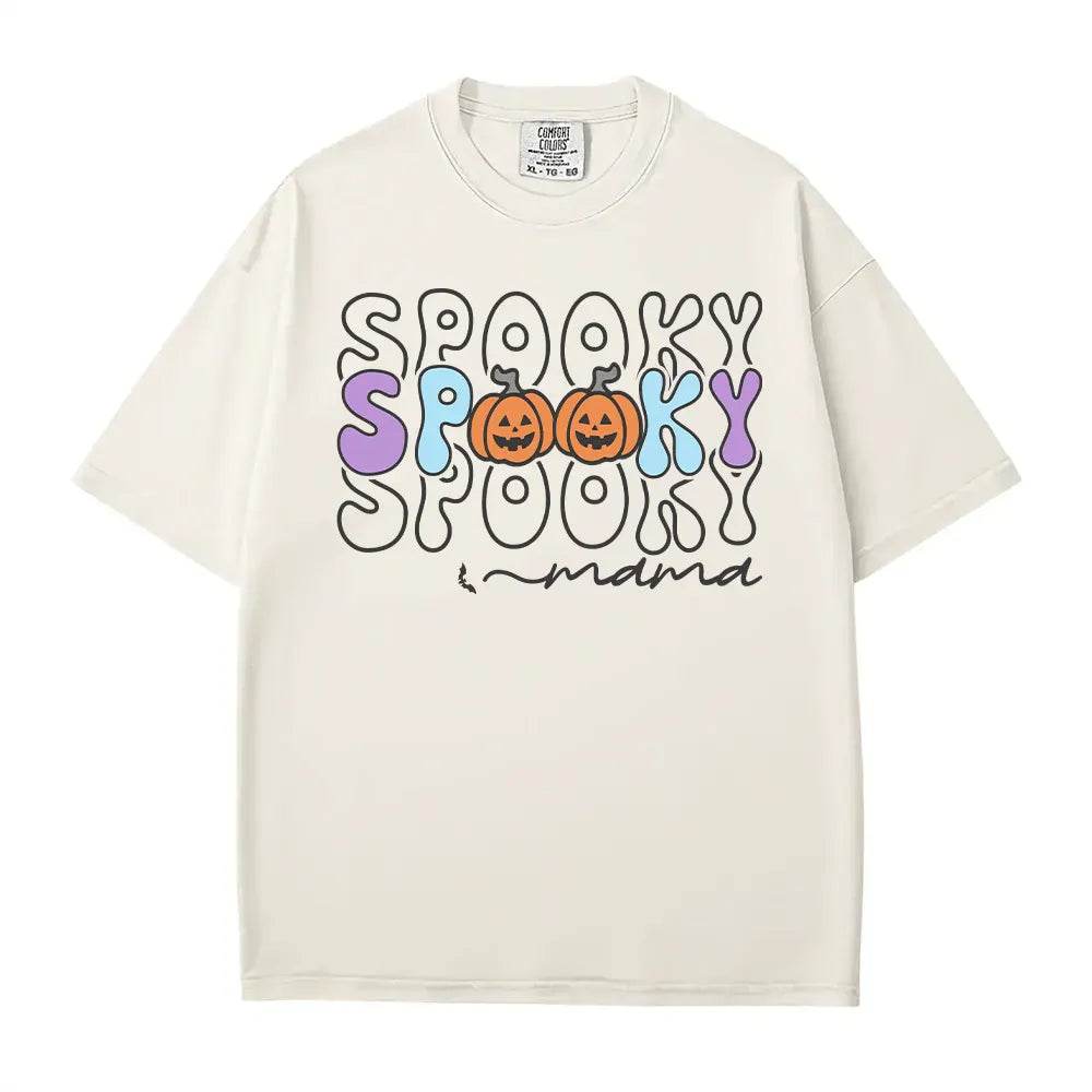 Spooky Mama Comfort Colors T-Shirt or Crewneck Sweatshirt – Colorful Halloween Pumpkin Mom Shirt - Woven Mama