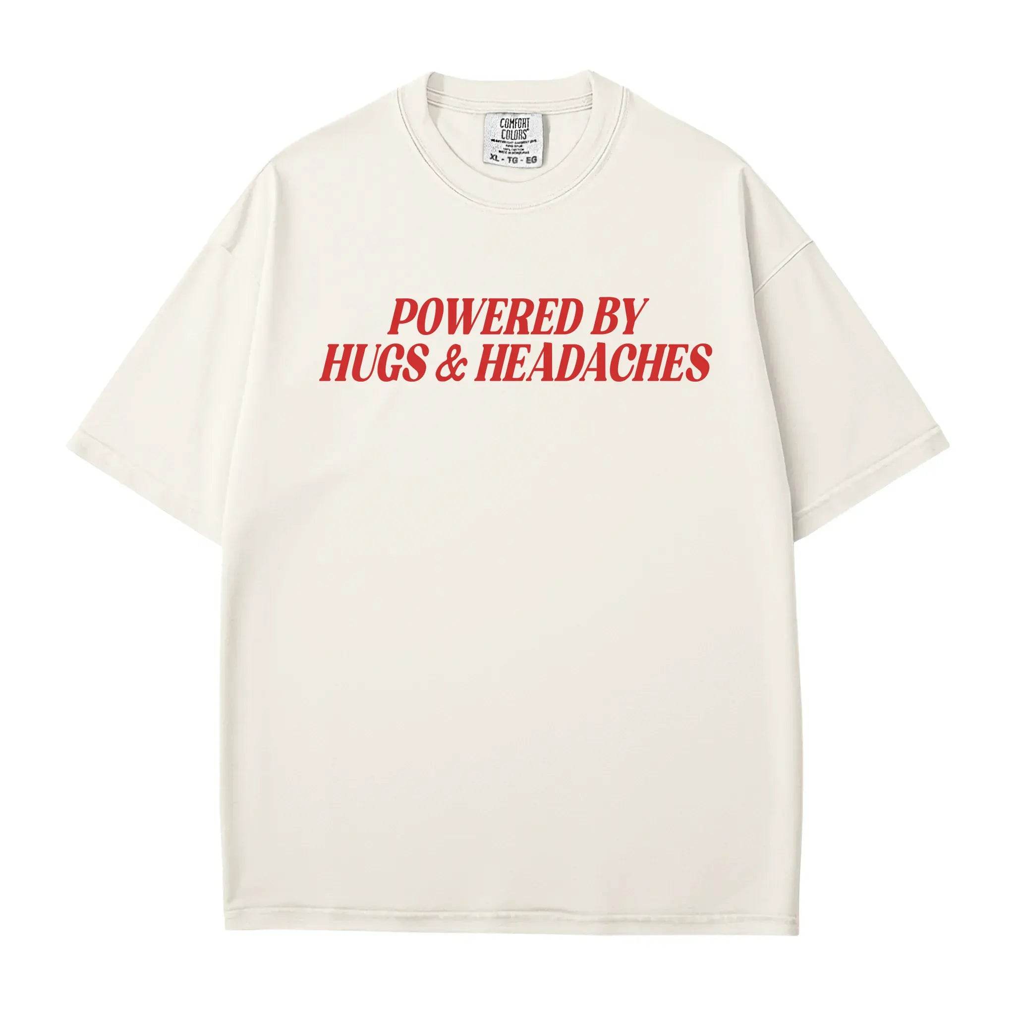 Powered by Hugs & Headaches T-Shirt – Comfort Colors Funny Mom Life Tee - Woven Mama