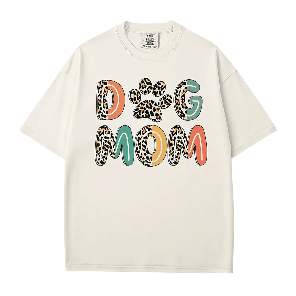 Dog Mom Comfort Colors® T-Shirt – Retro Leopard Letters with Paw Print - Woven Mama