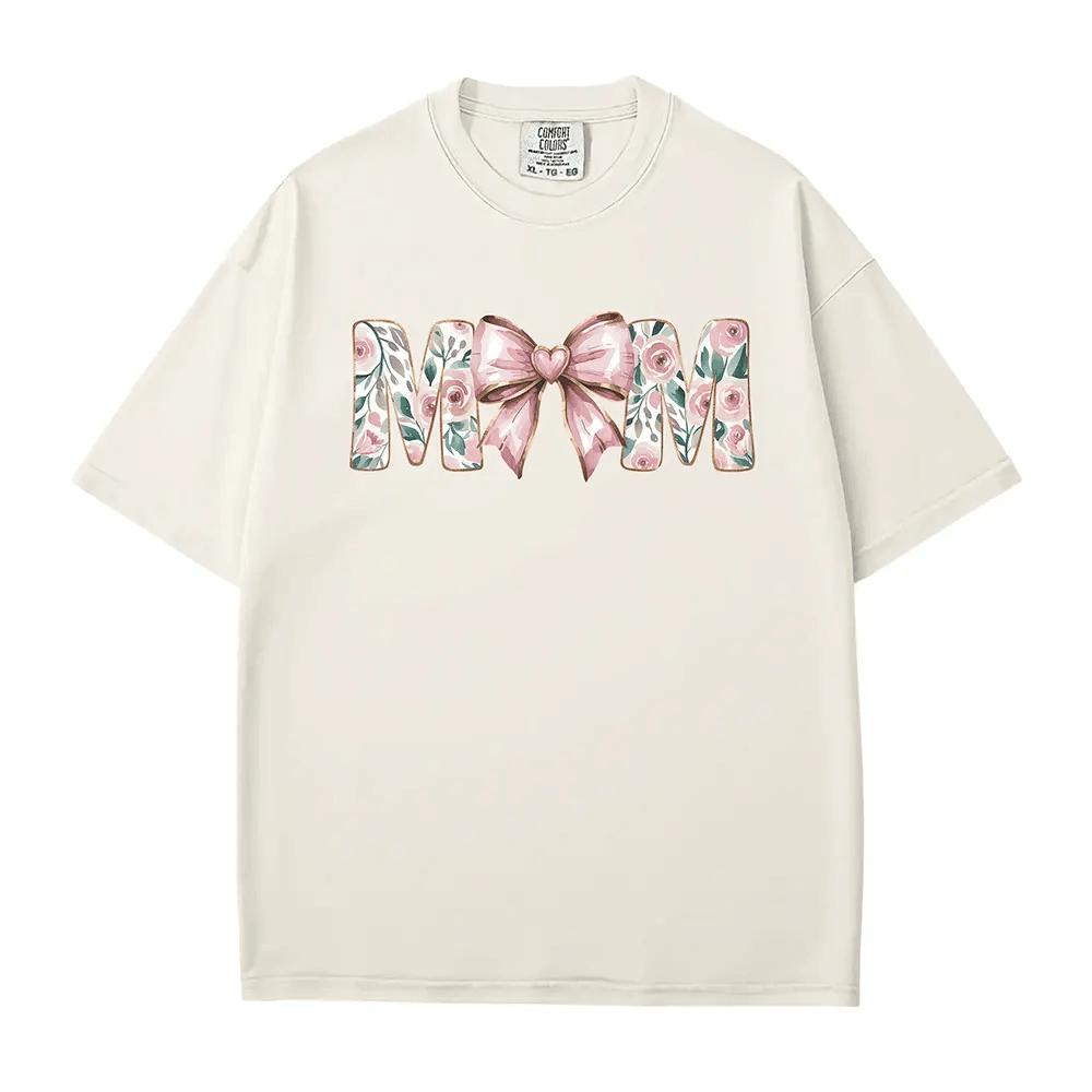 MAMA Comfort Colors® T-Shirt – Floral Letters with Pink Bow & Heart Mom Shirt - Woven Mama