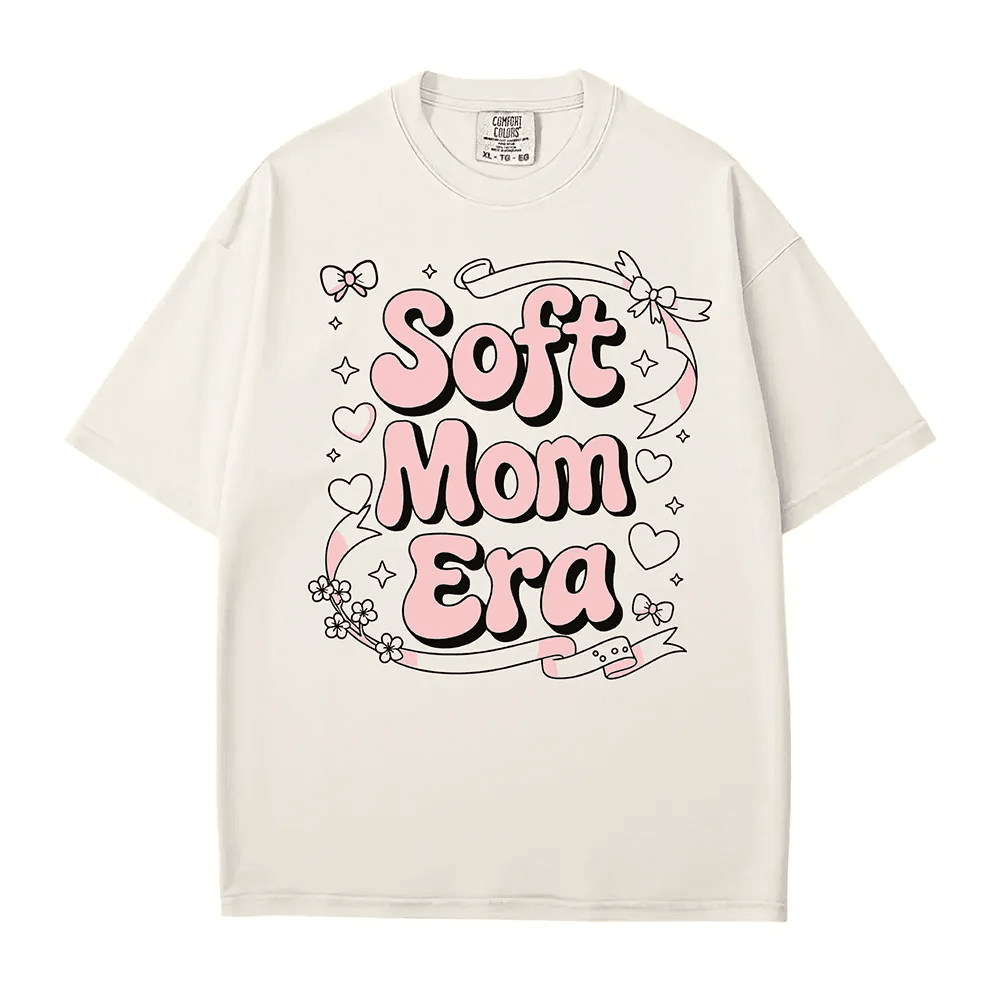 Soft Mom Era Comfort Colors® T-Shirt – Pink Bubble Letters with Hearts, Ribbons & Bows Mom Shirt - Woven Mama