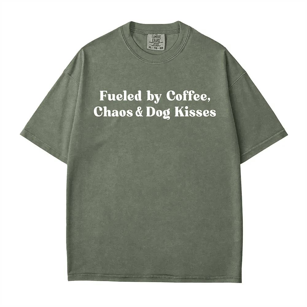 Fueled by Coffee, Chaos & Dog Kisses Comfort Colors® T-Shirt – Funny Dog Mom Tee - Woven Mama