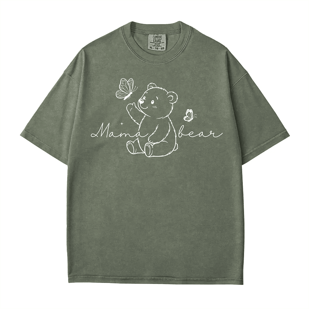 Mama Bear Comfort Colors® T-Shirt – Minimalist Line Art Bear with Butterflies Mom Shirt - Woven Mama