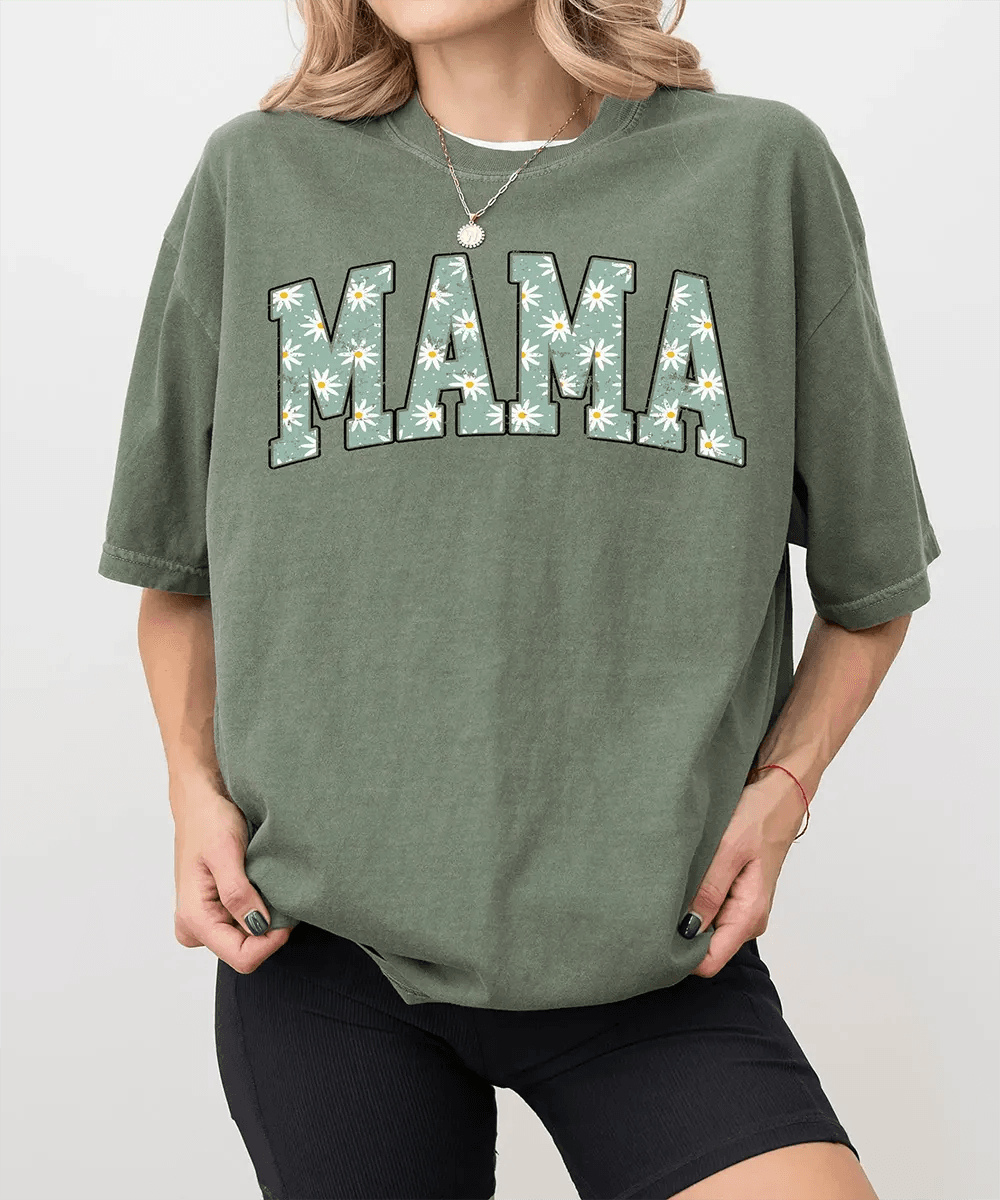 MAMA Comfort Colors® T-Shirt – Daisy Floral Mom Shirt - Woven Mama