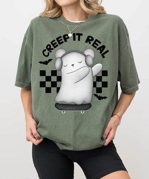 Creep It Real Halloween Comfort Colors T-Shirt or Crewneck Sweatshirt – Cute Ghost Skateboard Tee - Woven Mama